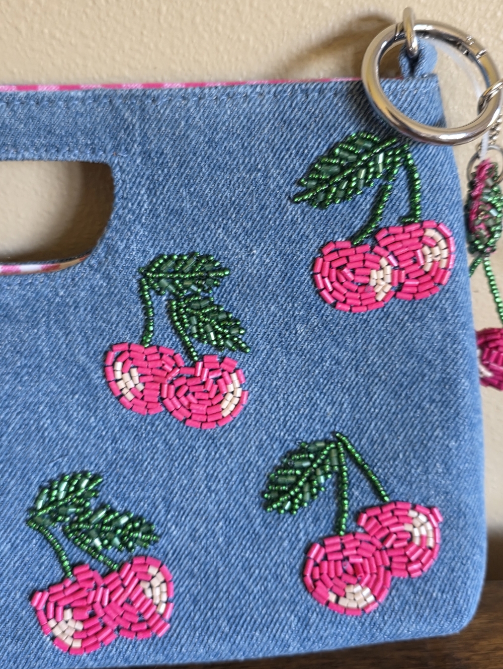 HANDMADE IN INDIA BLUE DENIM BEADED CLUTCH BAG W/ BAG CHARM *CHERRIES* NEW - Picture 10 of 16